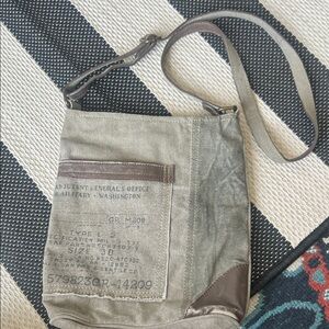 Mona B Olive Green Canvas Messenger Bag with Brown Leather Trim